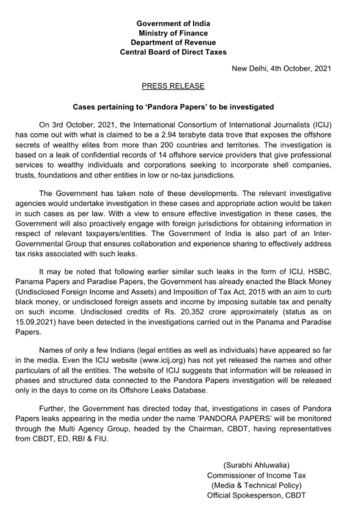 Pandora paper indian government note